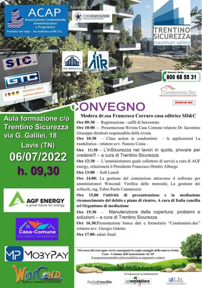 Crediti formativi DM 140/2014. Trento, 6 luglio, incontro tra amministratori di condominio con buffet.